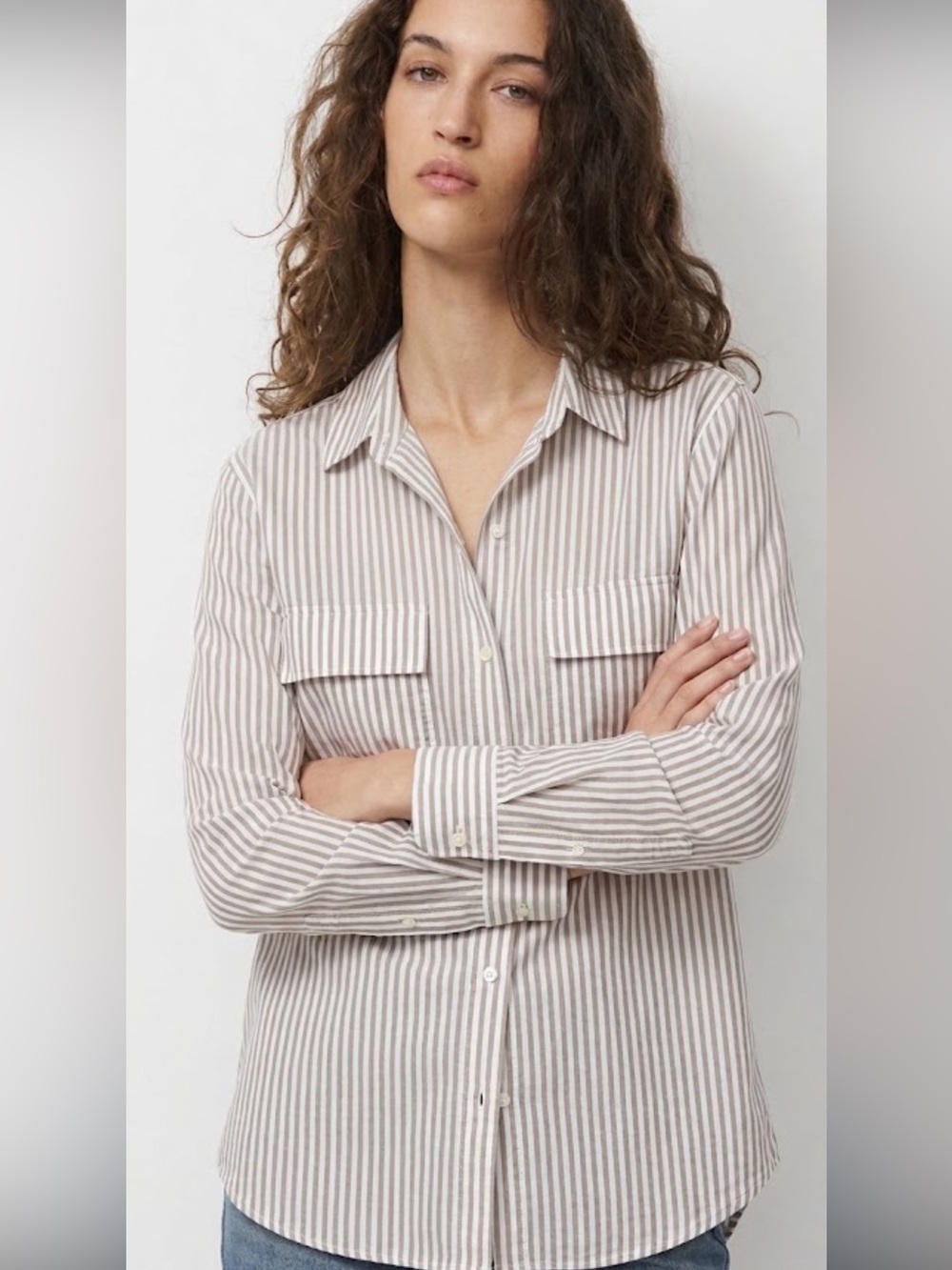 Babaton size L tan Striped utility Button-Down Shirt in Taupe and White